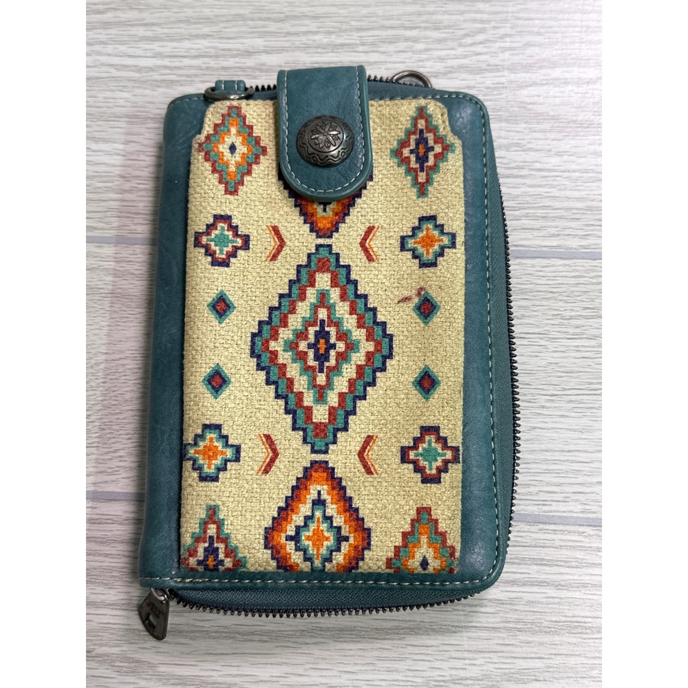 American Bling Southwestern Teal Faux Leather Zip Around Wallet Geometric Boho